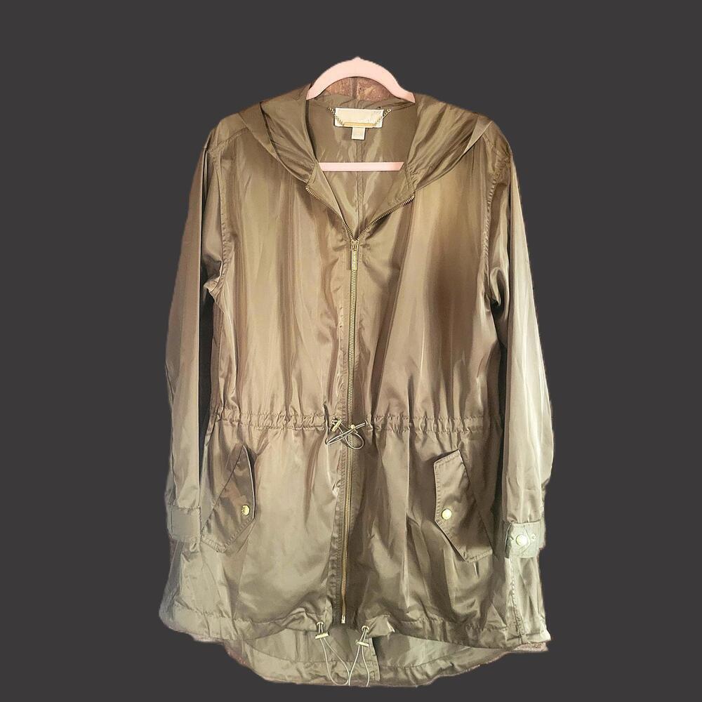 Michael Kors Khaki Rich Gold Satin Fishtail Anorak Cinched Waist Jacket - Size M